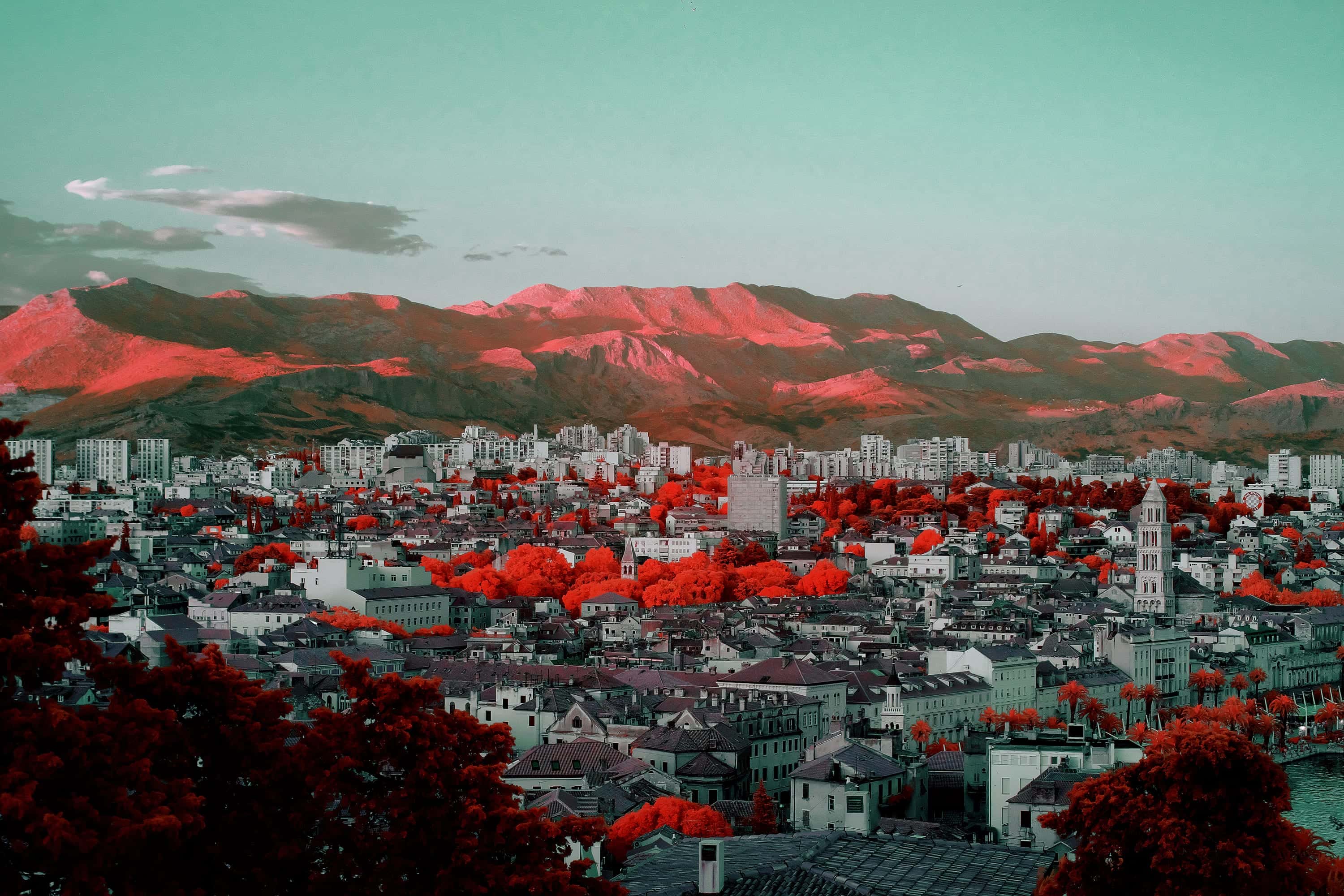Split seen from above — pale rooftops and scarlet trees running to a red-lit mountain wall