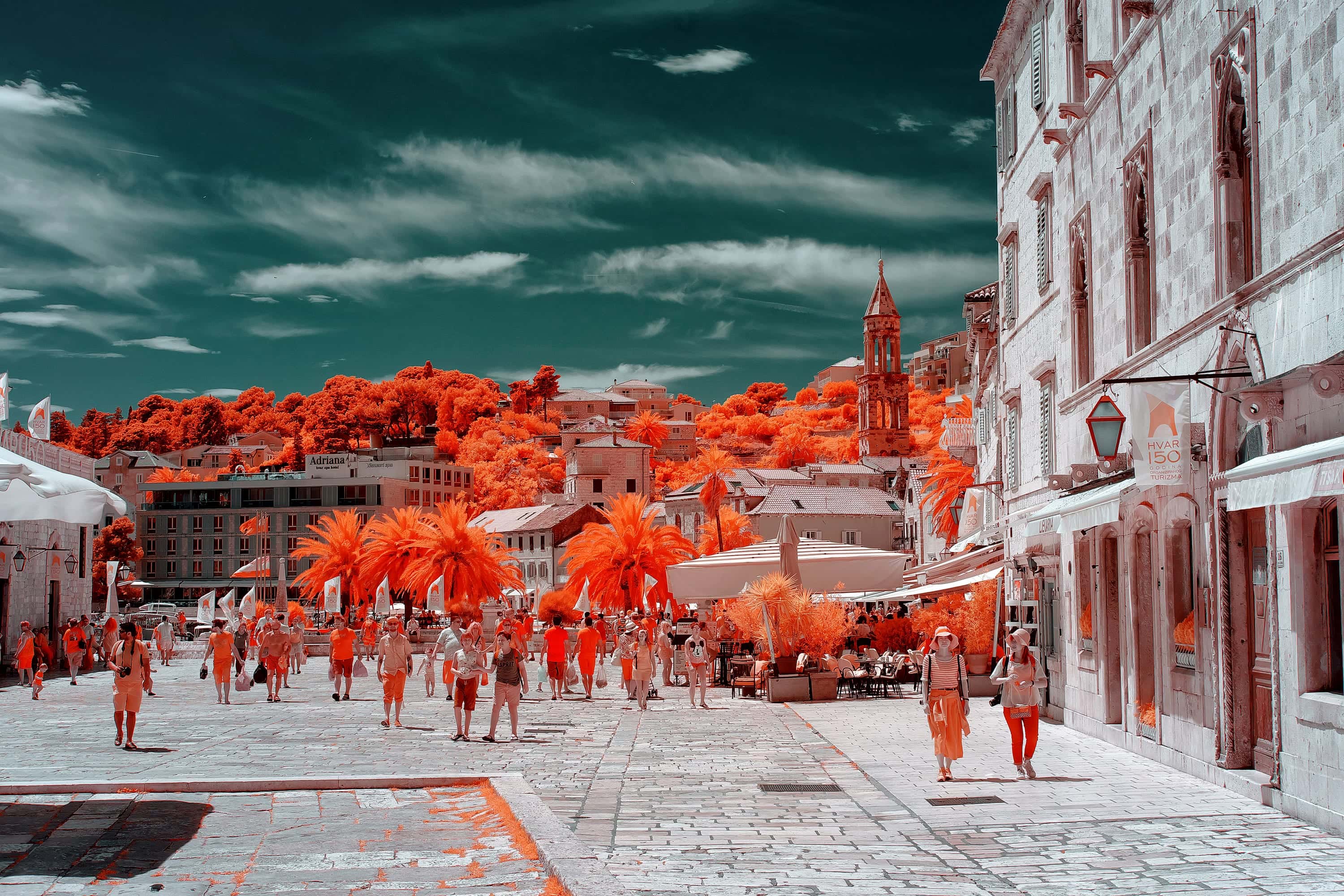 The main square in Hvar Town, on the Croatian island of Hvar, photographed in near-infrared light.
