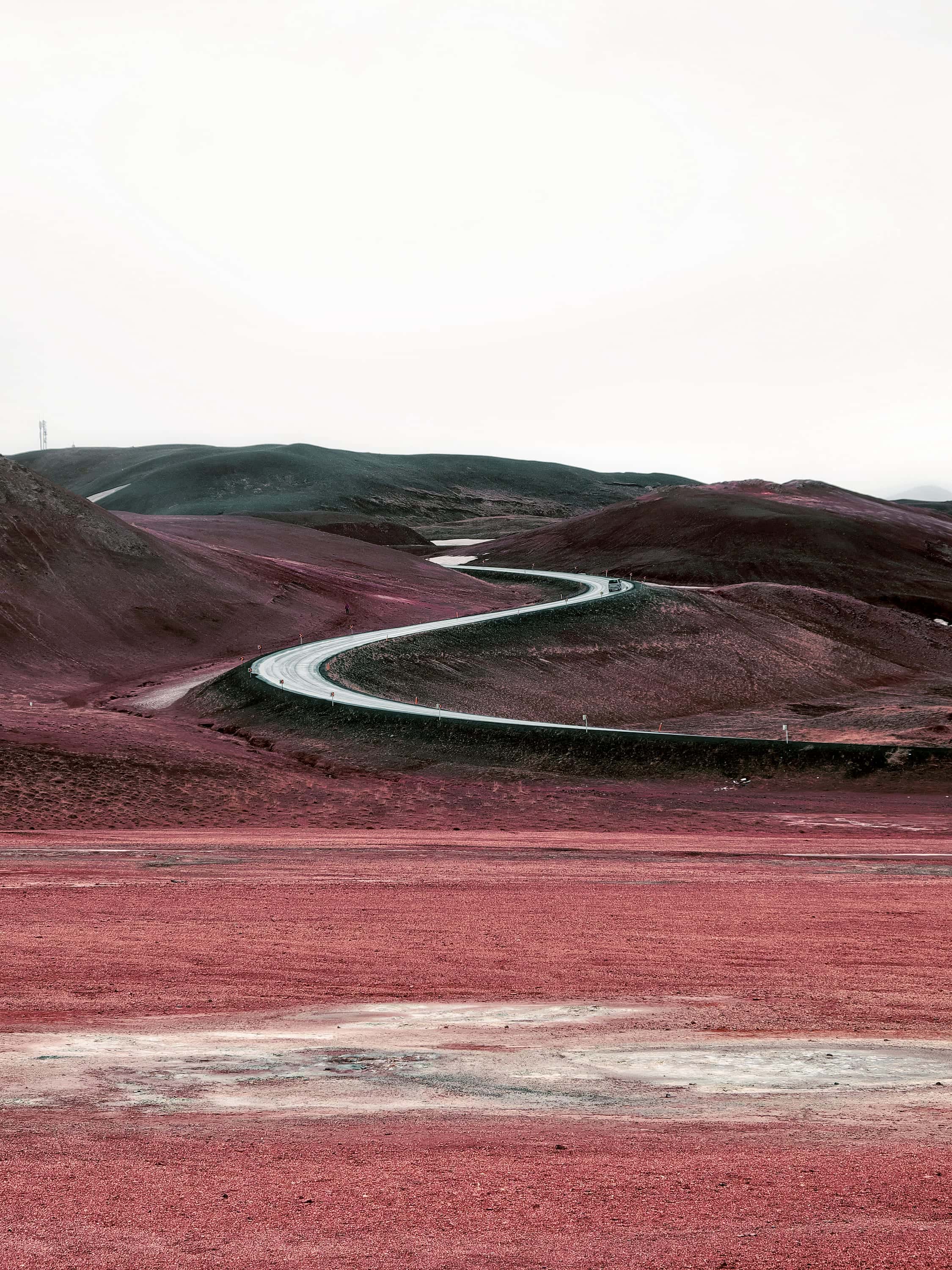 An empty road curving in a long S through bare hills, the ground magenta to the horizon
